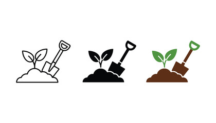 Garden shovel digging in soil with young green plant sprout icon set in outline solid black and colored earth tone style for agriculture sustainability and environmental landscaping projects © TARU STOCKPLC