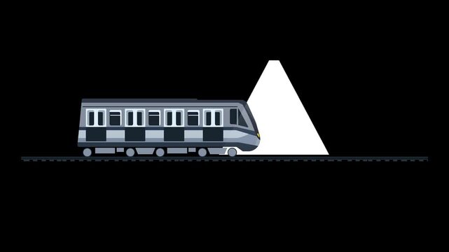 Modern subway train moving through tunnel with overhead light beam railway