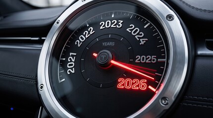 Fototapeta premium Conceptual car speedometer showing years 2021 to 2026, glowing red needle pointing to 2026, time passing and future planning concept