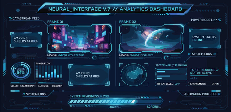 Futuristic UI interface elements. Sci-Fi frames and callouts titles. Digital technology bar, banner, panels, divider, box, high tech lines. Game graphic dashboards. Vector set