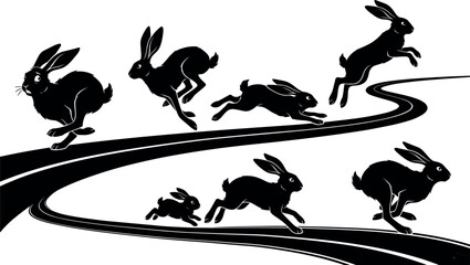 Wild Hare and Rabbit Family Silhouette Set with Sprinting Jackrabbits Running and Jumping Along Winding Roads for Nature Wildlife Vector Graphic Designs © MdImran