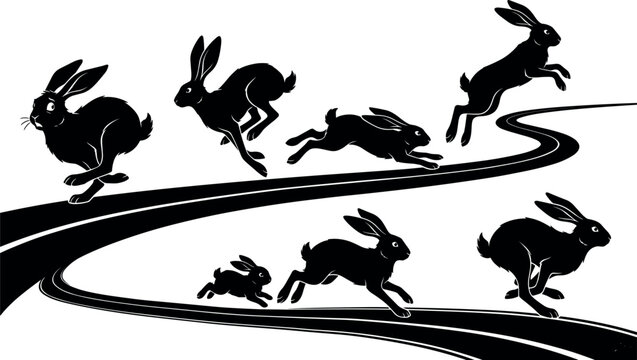 Wild Hare and Rabbit Family Silhouette Set with Sprinting Jackrabbits Running and Jumping Along Winding Roads for Nature Wildlife Vector Graphic Designs
