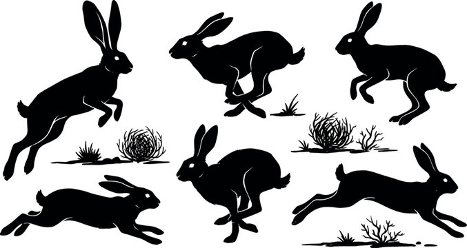 Wild Hare and Rabbit Silhouette Set with Running Jumping and Sprinting Jackrabbit Icons and Desert Shrubbery for Nature Wildlife Vector Graphic Designs