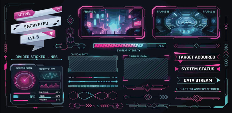 Futuristic UI interface elements. Sci-Fi frames and callouts titles. Digital technology bar, banner, panels, divider, box, high tech lines. Game graphic dashboards. Vector set