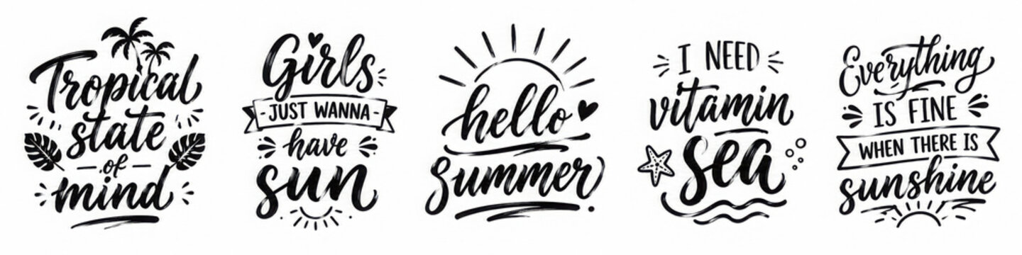 Set with hand drawn lettering compositions about Summer. Funny season slogans. Isolated calligraphy quotes for travel agency, beach party. Great design for banner, postcard, print or poster. Vector