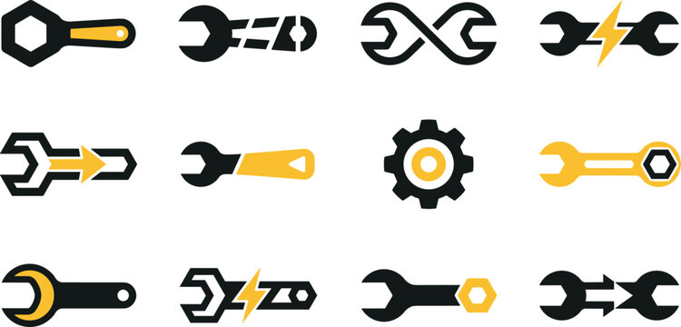 Modern Abstract Wrench and Gear Icon Set with Lightning Bolt and Arrow Symbols for Electrical Repair Mechanical Service Logo Designs
