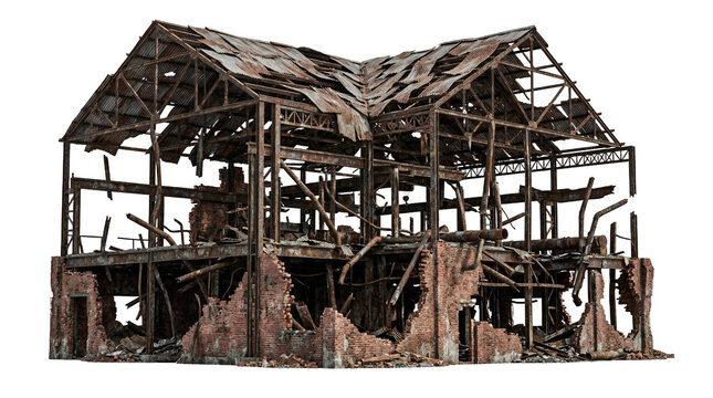 Isolated ruin of a dilapidated industrial building with a transparent background.