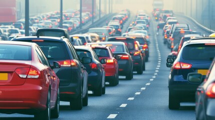 Fototapeta premium Heavy Traffic Jam with Red Brake Lights on Busy Multilane Highway in Hazy Conditions