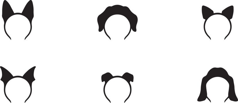 Set of Black Silhouette Dog Ears Headbands costume. Silhouette icon vector