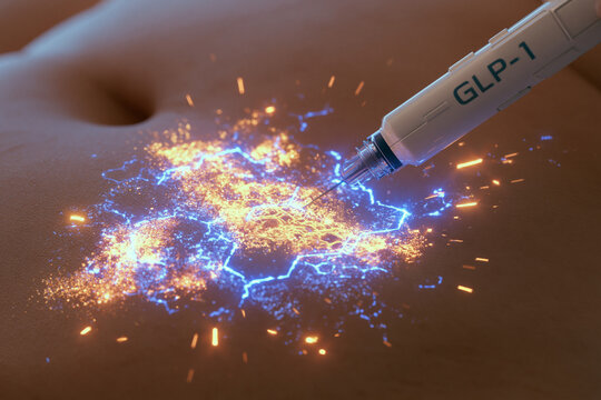Close-up de uma caneta aplicadora de GLP-1 no abd&ocirc;men com efeito luminoso brilhante representando a queima de gordura e acelera&ccedil;&atilde;o do metabolismo. Conceito m&eacute;dico de emagrecimento