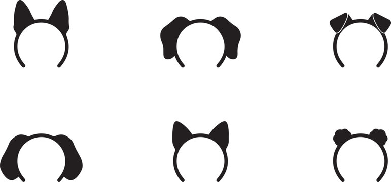 Set of Black Silhouette Dog Ears Headbands costume. Silhouette icon vector