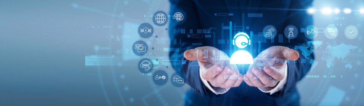 Agent hands hold glowing CUSTOMER SERVICE icon. Support specialist assisting clients, solving technical issues on futuristic virtual screen interface. Concept of helpline and user loyalty.