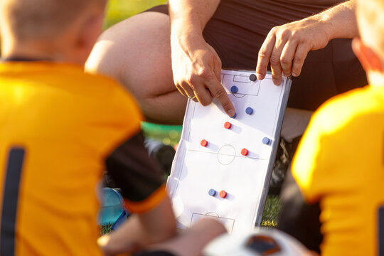 Soccer Coach Explaining Tactics: Young Football Players Listening to Strategy on Board