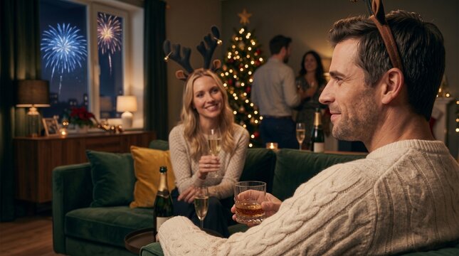 Man and woman with little horns on its head celebrating New Year's Eve at home with drinks  