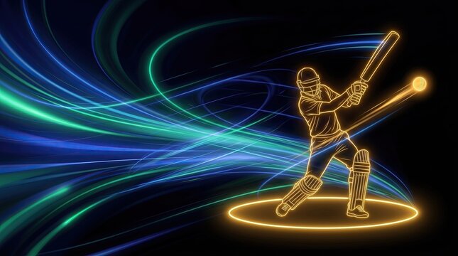 Neon cricket player silhouette with glowing light trails, abstract sports motion background, digital cricket batsman hitting ball