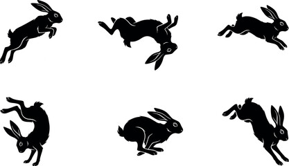 Wild Hare Silhouette Set with Jackrabbit Icons Tumble Flipping and Rolling Over in Mid Air Acrobatic Motion Sequences for Creative Wildlife Nature Graphic Designs © MdImran