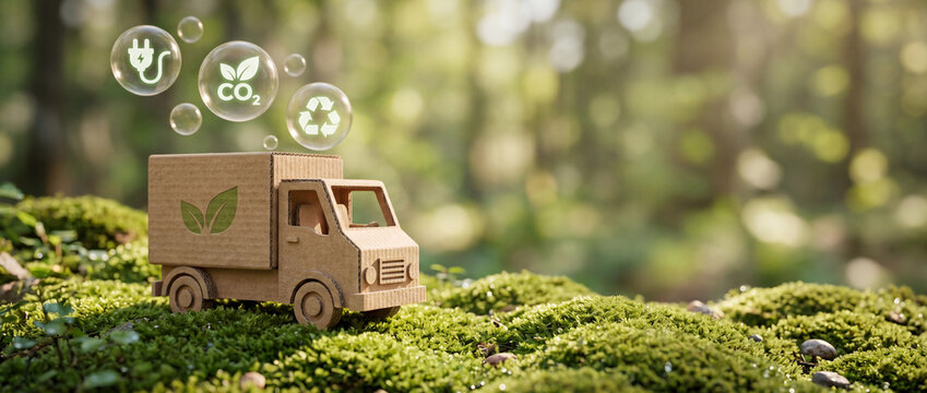 Sustainable cardboard delivery truck with floating eco icons resting on vibrant green forest moss, illustrating zero emission logistics, carbon neutral shipping, and green supply chain concepts