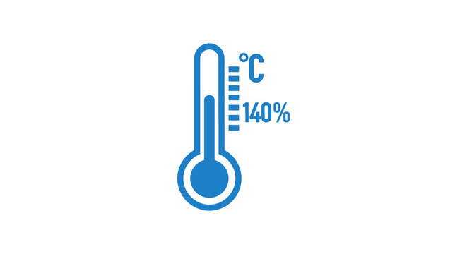 Blue thermometer icon displaying one hundred forty degrees celsius flat silhouette