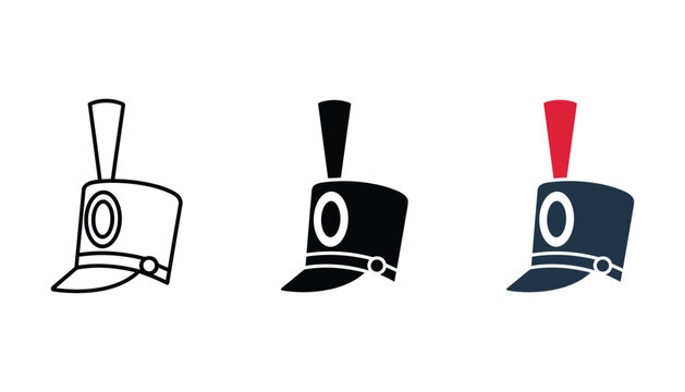 Marching band drum major hat icons set featuring linear solid and flat color designs for musical performance military parade and festive celebration concepts isolated on white background for print