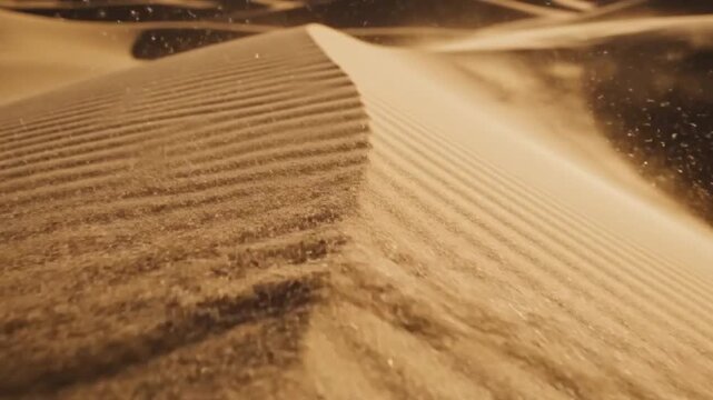Close up of sand dunes with wind blowing sand across the surface creating ripples and texture in warm golden light