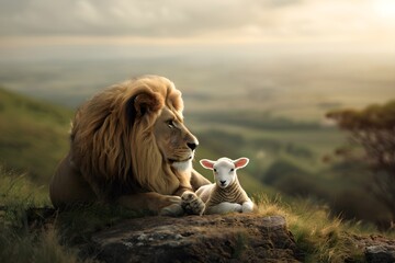 Lion of Judah and innocent lamb sitting together on a hilltop at sunrise. Symbolic representation of peace and harmony from christian scripture in a majestic landscape setting.