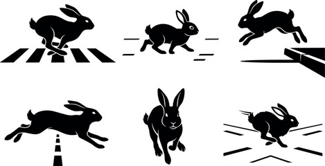Wild Hare Silhouette Set with Running Jackrabbit Icons Sprinting on Street Roads Zebra Crossings and Jumping Obstacles for Nature Transport Graphic Designs © MdImran