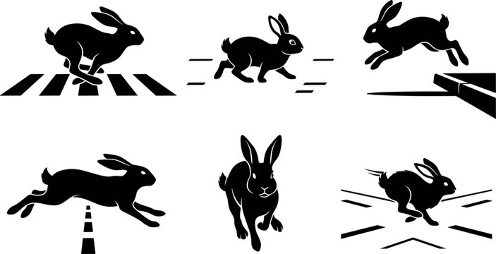 Wild Hare Silhouette Set with Running Jackrabbit Icons Sprinting on Street Roads Zebra Crossings and Jumping Obstacles for Nature Transport Graphic Designs
