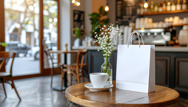 A white shopping bag and coffee cup sit on a round wooden table inside a bright, modern cafe with blurred background patrons and a warm, inviting atmosphere