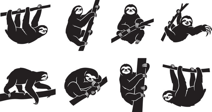 Sloth icons, sloth silhouettes, hanging sloths, 8 sloth poses, black sloth illustrations isolated on Transparent Background