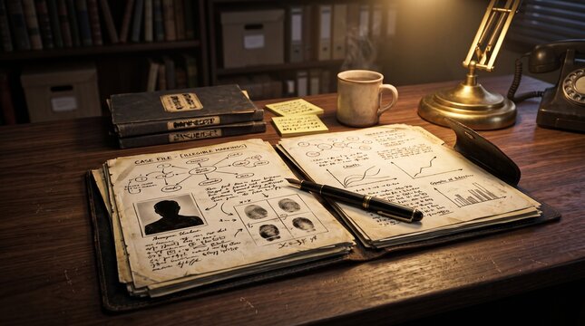 Detective Case File Investigation Desk with Forensic Documents