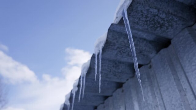 Icicles hang from the edge of a corrugated metal roof under a bright blue sky with soft clouds. Low-angle static shot captures the crisp, freezing weather of a clear winter day.