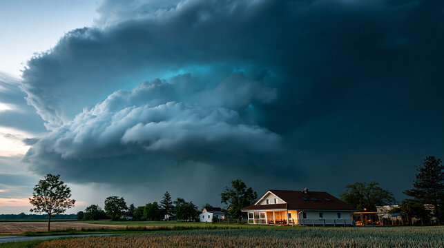 A towering supercell thunderstorm looming over a rural area with sculpted rotating structure dramatic atmospheric depth severe weather all hazards with copy space