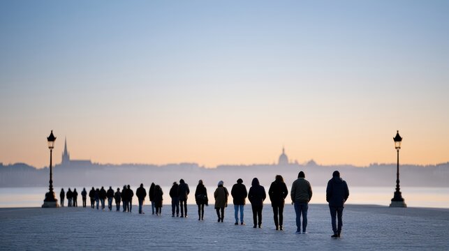 Man sees long queue of adults patiently at modern store, sunrise. Anticipation, economic tension, new opportunity, consumerism
