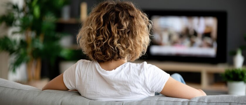 Dark room, man on sofa, blue news glow. Absorbed in TV, alone, digitally disconnected media consumer