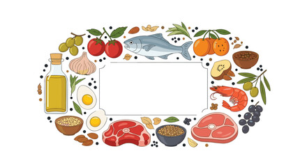 Fototapeta premium Circular frame of fresh healthy food ingredients like meat, fish, and vegetables surrounding a white blank frame.