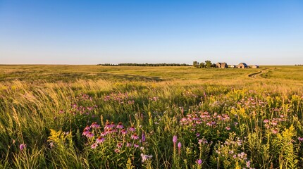 Obraz premium Prairie Serenity: A vast, sun-drenched prairie landscape unfolds with rolling hills covered in tall grass and scattered wildflowers. In the distance.