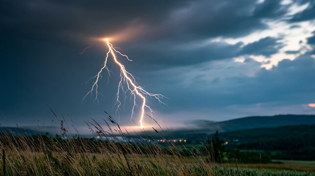 A blinding forked lightning bolt striking down over a rolling rural landscape beneath a bruised dark storm sky in daylight dramatic contrast and atmospheric haze thunderstorm