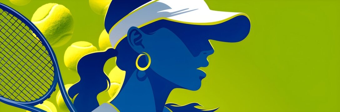 Woman tennis player wearing visor with tennis ball and racket. Concept of sport tournament and championship. Banner with copy space