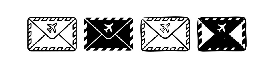 Set of four hand-drawn airmail envelope icons with airplane symbols. Black and white doodle style for post and travel themes. © Nort Kor