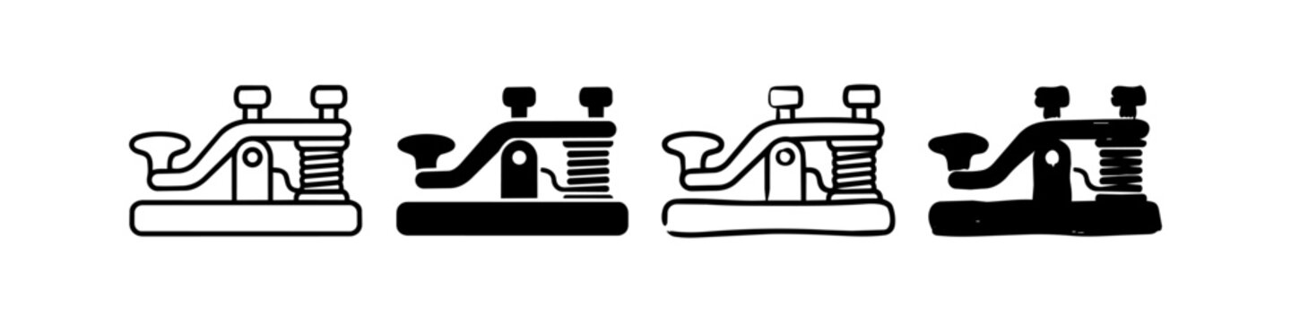 Vector collection of four telegraph key icons in various styles: outline, solid, and hand-drawn. Ideal for history, communication, and Morse code themed designs.