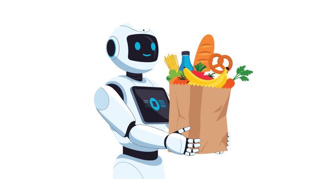 Modern white robot with blue eyes holds a brown paper grocery bag filled with fresh bread, fruit, and vegetables on a white background.