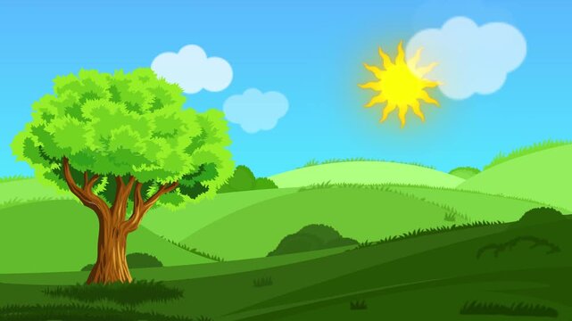 Beautiful cartoon nature landscape background with green hills and tree. Sunny day summer meadow backdrop with bright sun, clouds, and blue sky vector illustration.