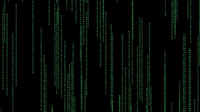 Digital matrix code rain background, green binary data streaming technology effect animation 4k