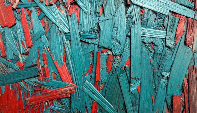 Abstract composition of painted oriented strand board fragments with high-contrast teal and red wood splinters creating a textured artistic surface pattern.
