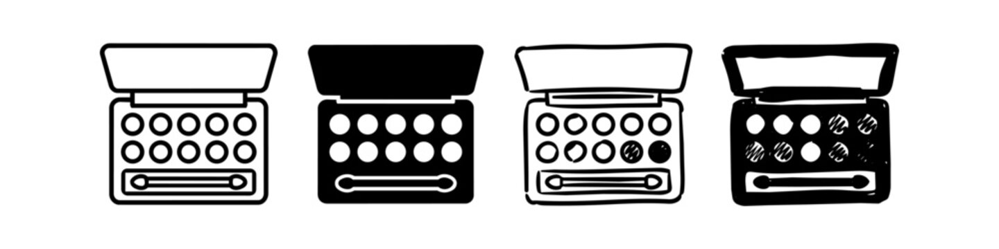 Set of minimalist hand-drawn eyeshadow palette icons. Black and white cosmetic doodles for makeup and beauty branding.