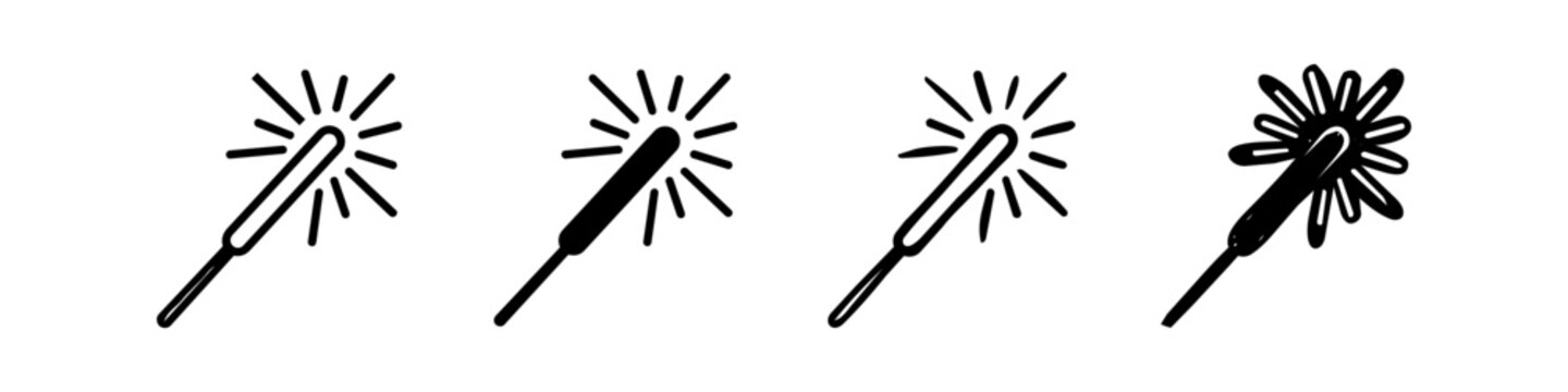 Set of four sparkler icons in various styles, including outline and hand-drawn line art, isolated on a white background for celebration and event design.