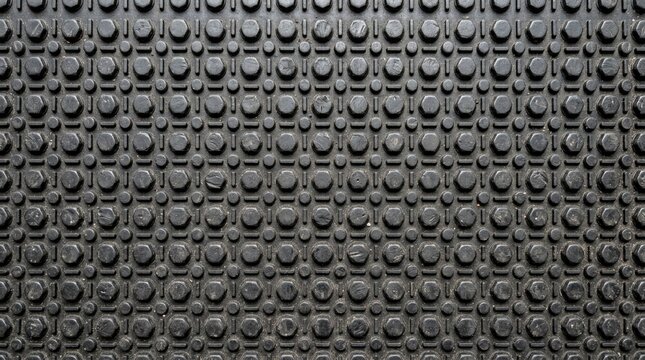 Dark grey rubber mat with abstract geometric pattern of repeating hexagons and small circles, ideal as a textured background or industrial design element