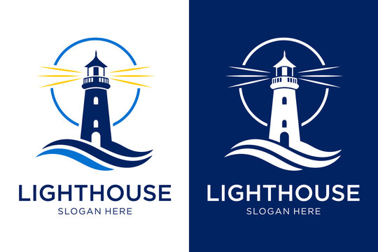 Minimalist lighthouse logo design with ocean waves and circular frame concept lighthouse nautical maritime identity branding template navigation guidance business corporate minimalist