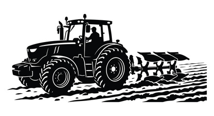 Vintage Tractor Silhouette With Plow Black And White Illustration © asma