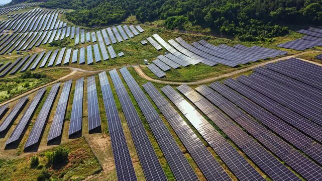 Rows of solar panels stretch across a hillside, reflecting sunlight and generating electricity. The location is surrounded by trees and open fields, showcasing green energy production.